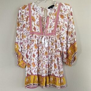 Rachel Zoe size medium peasant blouse white with mustard yellow and pink flowers